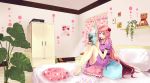  bed bedroom blue_eyes cake calendar_(object) ceiling curtains drawer eating flower food food_on_face hair_flower hair_ornament highres long_hair original pillow pink_hair plant potted_plant room sitting solo stuffed_animal stuffed_toy teddy_bear very_long_hair vient window 