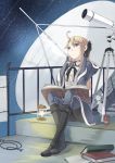  blonde_hair blue_eyes book boots cable can gloves goggles long_hair looking_up night night_sky original railing satellite_dish sitting sky solo star star_(sky) starry_sky telescope 