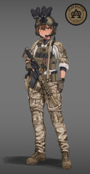  1girl absurdres american_flag ammunition_pouch assault_rifle bandaid bandaid_on_face belt belt_pouch blood_type bodysuit boots breasts brown_belt brown_boots brown_hair brown_helmet bt_(user_udwc7853) buckle bulletproof_vest camouflage camouflage_jacket camouflage_pants cargo_pants chinstrap closed_mouth combat_helmet commentary_request ear_protection english_commentary flag_patch full_body glock gloves gradient_background green_eyes grey_background grey_bodysuit gun gun_sling handgun headset helmet highres holding holding_gun holding_weapon holster jacket light_smile load_bearing_vest looking_at_viewer m4_carbine magazine_(weapon) mechanix_wear medium_breasts medium_hair night_vision_device optical_sight original pants partially_fingerless_gloves pouch rifle shadow simple_background sleeves_rolled_up snap-fit_buckle solo standing suppressor syringe tactical_clothes tan trigger_discipline unit_patch walkie-talkie watch watch weapon zipper zipper_pull_tab 