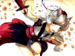  animal_ears detached_sleeves fangs hat inubashiri_momiji kinohanaomise leaf maple_leaf open_mouth red_eyes shield short_hair silver_hair solo su_(pixiv) sword tokin_hat touhou traditional_media weapon wolf_ears 