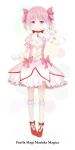  absurdres bow bubble_skirt dress gloves hair_bow highres kaname_madoka kyubey kyuubee long_image magical_girl mahou_shoujo_madoka_magica pink_eyes pink_hair ripples shichouson shoes short_hair short_twintails skirt smile tall_image title_drop twintails white_background 