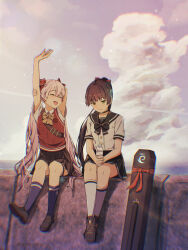  2girls :d ^_^ amayomiyu arms_up black_bow black_bowtie black_choker black_hair black_sailor_collar black_skirt black_socks blue_sky blunt_bangs bottle bow bowtie choker closed_eyes closed_mouth clouds cloudy_sky commentary_request cumulonimbus_cloud day facing_another full_body green_eyes grey_hair hair_bow hair_ribbon heaven_burns_red holding holding_bottle kneehighs loafers long_hair miniskirt multiple_girls natsume_inori ogasawara_hisame open_mouth outdoors pleated_skirt ponytail red_bow red_ribbon red_sweater_vest revision ribbon sailor_collar school_uniform serafuku shirt shoes short_sleeves side-by-side sitting skirt sky smile socks stretching sweater_vest twintails twitter_username very_long_hair water_bottle weapon_bag white_shirt white_socks yellow_eyes 