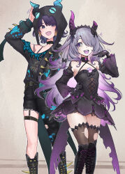  2girls :d absurdres asymmetrical_clothes belt black_choker black_dress black_gloves black_pants black_sweater boots broken_horn brown_thighhighs cd_usr character_hat chest_jewel choker commentary criss-cross_halter denim detached_sleeves dress english_commentary fake_horns fang flat_chest garter_straps gloves grey_background grey_hair hair_over_one_eye hair_ribbon halter_dress halterneck hand_on_own_hip highres hololive hololive_english horns juliet_sleeves knee_boots koseki_bijou koseki_bijou_(gore_magala) lace-up_boots long_sleeves looking_at_another multiple_girls ninomae_ina'nis ninomae_ina'nis_(nu_udra) paint_on_clothes paint_splatter pants puffy_sleeves purple_hair ribbon short_hair single_pantsleg sleeveless sleeveless_dress smile spiked_boots spiked_sleeves standing sweater sweater_partially_tucked_in tentacle_hair thigh-highs torn_clothes torn_pants torn_thighhighs tress_ribbon violet_eyes virtual_youtuber zettai_ryouiki 