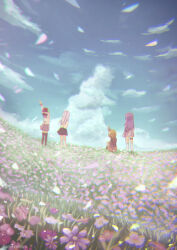  4girls amayomiyu angel_beats! arms_up black_skirt black_thighhighs blonde_hair blue_jacket blue_skirt blue_sky clouds commentary cosmos_(flower) cumulonimbus_cloud day falling_petals field flower flower_field from_behind grass heaven_burns_red irie_miyuki jacket kayamori_ruka kneehighs long_hair long_sleeves medium_hair miniskirt multiple_girls nakamura_yuri outdoors petals pink_flower pleated_skirt ponytail purple_flower purple_hair scenery school_uniform shinda_sekai_sensen_uniform shirt sitting skirt sky socks standing stretching tachibana_kanade thigh-highs twitter_username white_hair white_shirt white_socks wide_shot yellow_jacket zettai_ryouiki 