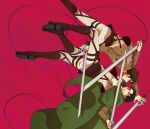  2boys ascot belt black_hair boots cape dual_wielding eren_jaeger highres jacket multiple_boys nashi_y pink_background rivaille shingeki_no_kyojin simple_background sword thigh_strap weapon wire 