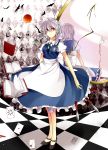  bat book bow braid broken card cards cup falling_card hair_bow highres izayoi_sakuya knife maid maid_headdress moon no_socks playing_card red_eyes red_moon reflection short_hair silver_hair solo surume_(artist) surumeri_(baneiro) tea teacup throwing_knife touhou twin_braids watch weapon 