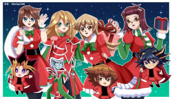 4boys 4girls arms_behind_back blonde_hair blue_eyes brown_eyes brown_hair chibi cute dark_magician dark_magician_girl deviantart_username fudou_yuusei green_eyes happy izayoi_aki long_hair mazaki_anzu merry_christmas multicolored_hair mutou_yuugi orange_eyes present red_hair santa_costume santa_dress short_hair sincity2100 smile tenjouin_asuka violet_eyes white_hair yu-gi-oh! yuu-gi-ou yuu-gi-ou_5d's yuu-gi-ou_gx yuuki_juudai