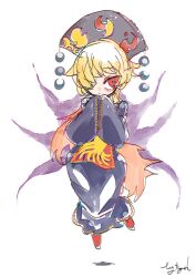  1girl black_dress blonde_hair chibi chinese_clothes dalachi_(headdress) dress hair_over_one_eye junko_(touhou) long_hair multicolored_hair orange_hair phoenix_print red_eyes red_shoes shoes signature touhou tsuru_(nekopanchi) white_background wide_sleeves 
