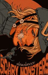  1boy argyle_clothes argyle_sweater bandaid bandaid_on_face blonde_hair blue_eyes blue_helmet blue_sweater bow cracked_skin diego_brando english_commentary english_text fangs gentleslowdance hair_over_one_eye hat hat_bow helmet highres jojo_no_kimyou_na_bouken limited_palette looking_at_viewer male_focus medium_hair one_eye_covered orange_theme parted_lips profile recolored ribbed_sweater scary_monsters_(stand) slit_pupils solo stand_(jojo) steel_ball_run sweater turtleneck turtleneck_sweater 