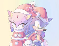  1boy 1girl 2019 blaze_the_cat blush christmas clenched_teeth dated dress furry furry_female furry_male gloves gradient_background hat looking_at_another official_alternate_costume quark196 santa_costume santa_dress santa_hat smile sonic_(series) sonic_the_hedgehog tail_around_another's_waist teeth yellow_eyes 