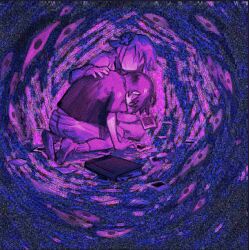  2boys 9twoeight aged_down basil_(faraway)_(omori) basil_(omori) faceless faceless_male film_grain flower hair_flower hair_ornament hand_on_another's_back heavy_film_grain highres male_focus monochrome multiple_boys omori photo_(object) purple_theme scene_reference scrapbook seiza shirt short_hair short_sleeves shorts sidelocks sitting socks something_(omori) spoilers sunny_(omori) t-shirt 