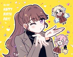  >_< 3girls :3 :d anyoji_hime arms_up black_sweater blowing_kiss blush brown_dress brown_hair chibi chibi_inset commentary_request crying dress fang fujishima_megumi fujishima_megumi_(post-graduation) glowstick grey_jacket hasu_no_sora_school_uniform heart highres holding holding_glowstick jacket link!_like!_love_live! long_hair long_sleeves looking_at_viewer love_live! medium_dress multiple_girls neckerchief open_clothes open_jacket open_mouth osawa_rurino penlight_(glowstick) pixel_heart pleated_dress ponytail red_neckerchief sailor_collar sailor_dress school_uniform simple_background skin_fang smile streaming_tears suit_jacket sweater tears turtleneck turtleneck_sweater violet_eyes virtual_youtuber watage_modoki white_sailor_collar winter_uniform xd yellow_background yellow_neckerchief 