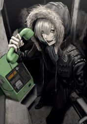  1boy absurdres arm_up black_eyes black_jacket corded_phone foreshortening from_above fur-trimmed_jacket fur_trim hair_between_eyes highres holding holding_phone hood hood_up hooded_jacket jacket long_hair long_sleeves looking_at_viewer open_mouth original phone phone_booth punk sharp_teeth smile solo teeth tuba_io white_hair window 