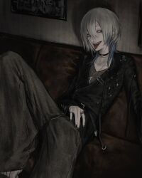  1boy black_choker black_jacket choker couch cross cross_necklace ear_piercing grey_pants hair_between_eyes highres indoors jacket jewelry leg_up long_hair looking_to_the_side neck_piercing necklace on_couch original pants piercing punk shadow sharp_teeth sitting solo teeth tongue tongue_out tongue_piercing tuba_io upper_teeth_only white_hair 