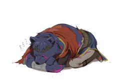  1boy bear_boy blue_fur closed_eyes commentary_request corruption fire_emblem fire_emblem:_path_of_radiance fire_emblem_shadows headband highres ike_(fire_emblem) ike_(radiant_merc)_(fire_emblem) male_focus mimummom simple_background solo translation_request white_background 