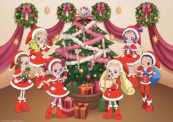  6+girls artist_request asuka_momoko banner candy candy_cane christmas christmas_ornaments christmas_tree closed_mouth commentary dress english_commentary food fujiwara_hazuki gift harukaze_doremi hat highres holding holding_candy holding_candy_cane holding_food holding_gift makihatayama_hana multiple_girls official_art ojamajo_doremi one_eye_closed open_mouth peperuto_pollon picot_pollon sack santa_costume santa_dress santa_hat segawa_onpu senoo_aiko smile snow_globe sweet_pollon training_tap wreath 