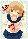  ;d hair_ribbon mizu_asato open_mouth original ribbon school_uniform skirt smile solo standing wink 