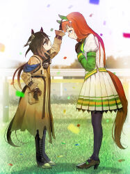  2girls absurdres animal_ears arm_up black_boots black_gloves black_pantyhose black_shoes blue_eyes boots brown_eyes brown_hair closed_mouth coat commentary_request confetti ear_covers ear_ornament feathers from_side gloves goggles goggles_around_neck grass hair_ornament hairband headpat height_difference highres horse_ears horse_girl horse_racing_track horse_tail juliet_sleeves leaning_forward long_hair long_sleeves multiple_girls no_uwazumi orange_hair outdoors pantyhose pleated_skirt pocket puffy_sleeves shirt shoes silence_suzuka_(innocent_silence)_(umamusume) silence_suzuka_(umamusume) skirt smile standing stay_gold_(sunlit_outsider)_(umamusume) stay_gold_(umamusume) tail tearing_up torn_clothes torn_coat umamusume white_hairband white_shirt white_skirt yellow_coat 