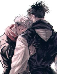  2boys absurdres black_hair brothers choso_(jujutsu_kaisen) closed_eyes crying facial_mark from_behind head_on_another's_shoulder highres hood hoodie hug itadori_yuuji jozpic jujutsu_kaisen jujutsu_tech_uniform male_focus multicolored_hair multiple_boys pink_hair red_hoodie robe short_hair short_twintails siblings simple_background tears twintails two-tone_hair undercut white_background white_robe 