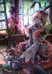  1boy androgynous animal_ears astolfo_(fate) astolfo_(saber)_(fate) astolfo_(saber)_(third_ascension)_(fate) black_bow black_bowtie black_gloves black_thighhighs bow bowtie closed_mouth commentary cup dot_mouth english_commentary fake_animal_ears fang fate/apocrypha fate/grand_order fate_(series) gloves gold_trim hair_bow hair_intakes long_hair male_focus mug multicolored_hair official_alternate_costume pillow pink_hair rabbit_ears red_ribbon ribbon skin_fang solo streaked_hair teapot thigh-highs twintails very_long_hair violet_eyes vixymoon white_hair wing_collar 