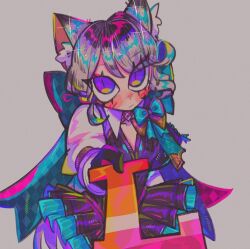  1girl animal_ear_fluff animal_ears aqua_bow artist_request black_gloves bow cat_ears cat_girl cat_tail closed_mouth dr._phil_handing_you_the_l_(meme) facial_mark genshin_impact gloves grey_hair holding huge_bow lesbian_flag long_hair long_sleeves looking_at_viewer lynette_(genshin_impact) meme solo star_(symbol) tail violet_eyes yuri 
