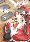  absurdres ascot bad_id bare_shoulders blush bow brown_hair cat detached_sleeves flower hair_bow hair_flower hair_ornament hakurei_reimu highres japanese_clothes long_hair looking_up miko pasutel red_eyes smile solo touhou 