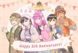  2girls 4boys alternate_costume alternate_hairstyle animal_ear_headphones animal_ears anniversary antenna_hair arm_on_another's_shoulder aubrey_(birthday)_(omori) aubrey_(faraway)_(omori) aubrey_(omori) basil_(birthday)_(omori) basil_(faraway)_(omori) basil_(omori) black_bag black_eyes black_hair blonde_hair blue_bow blue_eyes blue_jacket blue_pants blue_skirt blush bow braid brother_and_sister brothers brown_bag brown_eyes brown_hair brown_hat brown_overalls brown_pants cardigan character_bag chinese_commentary closed_mouth collared_jacket collared_shirt commentary_request crop_top dark-skinned_male dark_skin denim double-parted_bangs english_text fake_animal_ears green_cardigan hair_between_eyes hair_bow hair_ornament hairclip hat headphones headscarf hero_(faraway)_(omori) hero_(omori) highres hood hoodie jacket jeans kel_(birthday)_(omori) kel_(faraway)_(omori) kel_(omori) long_hair long_sleeves looking_at_viewer low_ponytail low_twin_braids mari_(birthday)_(omori) mari_(faraway)_(omori) mari_(omori) merry_christmas mewo multiple_boys multiple_girls navel newsboy_cap official_alternate_costume omori one_eye_closed open_cardigan open_clothes open_jacket open_mouth orange_hoodie overalls pants parallel_hairclips parted_lips pink_cardigan pink_hair ponytail purple_shirt rabbit_ear_headphones rabbit_ears shared_speech_bubble shirt short-sleeved_jacket short_hair short_ponytail short_sleeves siblings sidelocks skirt smile something_(omori) speech_bubble ssnowman0203 sunny_(birthday)_(omori) sunny_(omori) twin_braids watch watch white_headscarf white_jacket white_shirt 