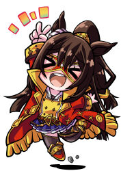  >_< 1girl absurdres animal_ears arm_up black_thighhighs blush brown_hair closed_mouth coat domino_mask el_condor_pasa_(el_numero_1)_(umamusume) el_condor_pasa_(umamusume) eye_mask hair_between_eyes highres horse_ears horse_girl horse_tail jacket long_hair long_sleeves mask open_mouth pleated_skirt ponytail red_coat red_jacket senomoto_hisashi shirt shoes simple_background skirt smile solo tail teeth thigh-highs umamusume upper_teeth_only v white_background yellow_shirt 