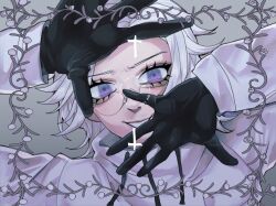  1boy aotsuki_eito arms_up black_gloves boatdahlia cross drawstring glasses gloves grey_background grey_hair grin highres inset_border jacket looking_at_viewer looking_over_eyewear male_focus portrait short_hair simple_background smile solo the_hundred_line_-last_defense_academy- violet_eyes white_jacket 