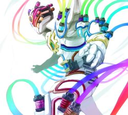  1boy armor commentary_request cowboy_shot from_side helmet highres kamen_rider kamen_rider_build kamen_rider_build_(genius_form) kamen_rider_build_(series) male_focus simple_background solo tokusatsu white_armor white_background white_helmet yashima_(yokon4039) 