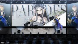  1boy absurdres audience black_gloves black_jacket black_pants blonde_hair blue_cape blue_eyes cape gloves hair_over_one_eye hands_up heizu_(xinyue_tongxing) highres huiying_(xinyue_tongxing) jacket looking_at_viewer male_focus non-web_source one_eye_covered pants reflective_floor screen stage stage_lights standing wide_shot xinyue_tongxing 