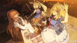 3girls black_skirt blonde_hair blue_eyes centaureissi_(girls'_frontline_2) chinese_commentary coffee commentary_request desk g36_(girls'_frontline) girls'_frontline_2:_exilium girls_frontline gloves green_eyes highres krab_(fumekrab) multiple_girls necktie open_mouth sharkry_(girls'_frontline_2) sitting skirt springfield_(girls'_frontline) springfield_(girls'_frontline_2) sugar_cube white_gloves wooden_floor 
