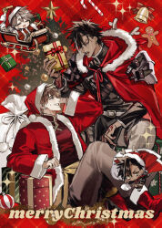  2boys arm_behind_head arm_up armor bell belt belt_buckle black_shirt box brown_hair buckle candy candy_cane cape character_request chibi christmas christmas_ornaments christmas_tree closed_eyes coat collared_shirt commentary_request cookie dark-skinned_male dark_skin english_text eye_contact food forbartz_xylo fur-trimmed_coat fur_trim gift gift_box gingerbread_man grey_belt grey_pants grin hat highres holding holding_gift keitozzz long_sleeves looking_at_another male_focus merry_christmas multiple_boys open_mouth pants pauldrons red_cape ribbon sack santa_costume santa_hat shirt short_hair shoulder_armor sitting sleigh smile spiky_hair teeth yuushakei_ni_shosu 