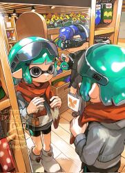  1boy 1girl :< adjusting_scarf aqua_hair bag black_eyes black_jacket black_shorts boots character_doll closed_mouth commentary corrupted_twitter_file doll goggles goggles_on_head grey_skirt highres holding holding_bag inkling inkling_girl inkling_player_character jacket long_sleeves looking_at_mirror looking_at_reflection miko_(15476997) mirror octoling octoling_boy octoling_player_character pointy_ears purple_hair red_scarf scarf shopping shopping_bag short_hair shorts shorts_under_skirt skirt smallfry_(splatoon) splatoon_(series) sweater symbol-only_commentary tentacle_hair white_boots white_sweater 