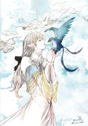  1girl ameliance_leveilleur animal animal_on_hand bird bird_on_hand black_bow blue_bird bow brown_eyes closed_mouth commentary copyright_name dress elezen elf final_fantasy final_fantasy_xiv grey_hair hair_bow hands_up long_hair low_ponytail meteion pointy_ears ponytail ruka_(blueplus84) twitter_username white_dress 