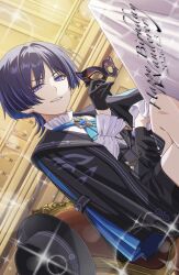  1boy absurdres alternate_costume ascot bishounen black_hat black_shorts blue_ascot dutch_angle genshin_impact happy_birthday hat highres looking_at_viewer male_focus mask masquerade_mask nezumi0814 purple_hair scaramouche_(genshin_impact) short_hair shorts solo thighs unworn_headwear violet_eyes wanderer_(genshin_impact) 