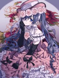  1boy blue_eyes blue_hair blurry brooch ciel_phantomhive crossdressing crossdressing_(mtf) depth_of_field dress earrings elbow_gloves flower flower_brooch frilled_dress frills geppeiumasugi gloves hair_over_one_eye hat hat_flower heterochromia jewelry kuroshitsuji light_smile long_hair looking_at_viewer male_focus off-shoulder_dress off_shoulder pink_dress pink_hat solo stud_earrings trap twintails violet_eyes 
