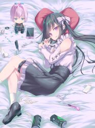  001machi 1girl absurdres alternate_costume alternate_hairstyle bandaid bed_sheet black_hair black_shoes black_skirt blouse bow boxcutter can cellphone character_doll clothing_cutout commentary_request cross-laced_clothes cross-laced_sleeves doll drink_can energy_drink foot_out_of_frame frilled_shirt frilled_skirt frilled_sleeves frills hair_bow hayashimo_(kancolle) heart heart-shaped_pillow high-waist_skirt high_heels highres jirai_kei kantai_collection knife layered_skirt long_hair long_sleeves looking_at_viewer lying on_side phone pill pillow pink_shirt scissors shiranui_(kancolle) shirt shoes shoulder_cutout skirt smartphone socks solo suspender_skirt suspenders syringe thigh_strap twintails violet_eyes white_socks 