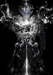  1boy arm_up armor black_background black_hair breastplate closed_mouth commentary cookie_run cookie_run:_kingdom english_commentary faulds frown greyscale hair_slicked_back highres holding holding_sword holding_weapon male_focus mercurial_knight_cookie monochrome pcacao pointy_ears simple_background solo standing sword weapon 