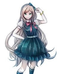  1girl blonde_hair bow bracelet closed_mouth commentary_request cowboy_shot danganronpa_(series) danganronpa_2:_goodbye_despair dress eyelashes green_bow green_dress green_eyes green_socks hair_bow hand_on_own_hip hand_up jewelry kneehighs long_hair pinafore_dress puffy_short_sleeves puffy_sleeves red_bow riyuta shirt shirt_under_dress short_sleeves simple_background sleeveless sleeveless_dress smile socks solo sonia_nevermind very_long_hair white_background white_shirt 