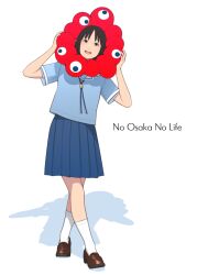  1girl azumanga_daioh azumanga_daioh's_school_uniform black_eyes black_hair blue_serafuku blue_shirt blue_skirt brown_shoes commentary_request cosplay english_text expo2025 full_body head_tilt kasuga_ayumu looking_at_viewer morichan myaku-myaku myaku-myaku_(cosplay) name_connection open_mouth pleated_skirt school_uniform serafuku shirt shoes simple_background skirt socks solo white_background white_socks 