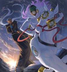  1boy 1other black_robe blue_arm_warmers cassock clock commentary_request dark-skinned_male dark_skin enrico_pucci facial_hair highres holding holding_reins horse itigakonai jojo_no_kimyou_na_bouken jojo_pose long_hair long_sleeves low_ponytail made_in_heaven_(stand) other_focus ponytail priest reins robe sky stand_(jojo) stone_ocean sunrise sunset white_hair 