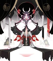  1girl absurdres barefoot black_hair bow bowtie candle chain cloak closed_mouth columbina_(genshin_impact) curtains eye_mask facing_viewer floating full_body genshin_impact head_wings highres ideolo long_hair mask multicolored_hair own_hands_together petals pillar red_hair solo streaked_hair wings wristband 