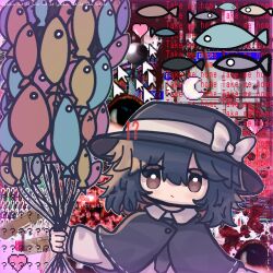  !? 1girl ? abstract_background arabic_text balloon bandaid black_capelet black_hair black_hat black_necktie bow brown_eyes capelet censored collared_shirt commentary_request cursor disembodied_eye english_text error_message expressionless fish glitch hat hat_bow head_tilt heart highres holding holding_balloon long_sleeves looking_at_viewer moon mosaic_censoring necktie pill ribbon-trimmed_capelet ribbon_trim shirt sleepwalk_zzz solo touhou translation_request upper_body usami_renko weirdcore 