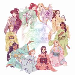  6+girls aladdin_(movie) animification ariel_(disney) aurora_(disney) beauty_and_the_beast_(disney) belle_(disney) black_hair blonde_hair brown_hair commentary_request disney disney_princess dress fa_mulan_(disney) green_eyes happy_new_year hercules_(1997_movie) highres jane_porter japanese_clothes jasmine_(disney) kimono long_hair looking_at_viewer megara_(disney) mizala mulan_(movie) multiple_girls rapunzel_(disney) short_hair sleeping_beauty_(disney) smile tangled tarzan_(disney_movie) the_little_mermaid_(disney) the_princess_and_the_frog_(disney) tiana_(the_princess_and_the_frog) very_long_hair walt_disney's_peter_pan wendy_darling 