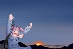  1girl ahoge blue_coat blue_sky clouds coat dawn gradient_sky hair_bobbles hair_ornament highres kantai_collection machinery mittens moxtu69_eg purple_hair sazanami_(kancolle) scarf sky smile solo sunrise twintails white_mittens white_scarf winter_clothes 