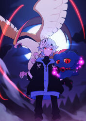  1girl absurdres arms_behind_back black_jacket black_pants closed_mouth full_moon grey_hair highres hockey_mask jacket mask mask_on_head misdreavus moon night outdoors pants pidgeot pointy_ears pokemon pokemon_(creature) red_eyes standing u_tei white_hair 