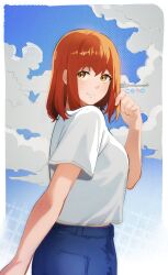  1girl absurdres blue_pants bluesky_logo brown_eyes brown_hair clouds cloudy_sky denim from_side futari_solo_camp highres instagram_logo knowname kusano_shizuku long_hair looking_at_viewer looking_back pants parted_lips pixiv_logo shirt short_sleeves sky smile solo twirling_hair twitter_logo twitter_username upper_body white_shirt 