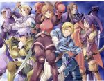  6+boys ahoge armor arrow belt blonde_hair blue_eyes braid brown_hair cape character_request elmina_niet everyone garrett_stampede gloves green_eyes hat headband highres kneeling legwear_under_shorts long_hair multiple_boys official_art ooba_wakako pants pantyhose ponytail purple_eyes purple_hair scan scan_artifacts scar shield shorts smile sword teeth violet_eyes weapon white_hair wild_arms wild_arms_1 wild_arms_alter_code_f wink yellow_eyes 