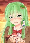  absurdres frog green_eyes green_hair hair_ornament highres kochiya_sanae long_hair nuko_(mikupantu) school_uniform snake solo tears touhou 